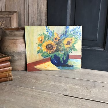 French Oil Painting, Sunflowers in Vase, Still Life, Unframed, Oil on Board, Signed, Colorful Floral Painting 