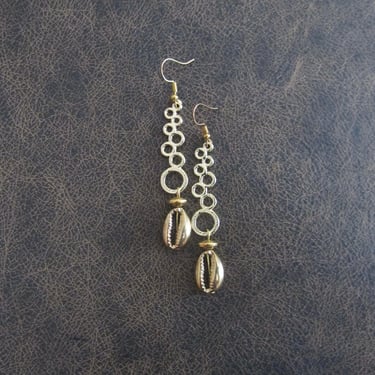 Long mid century modern gold cowrie shell earrings 
