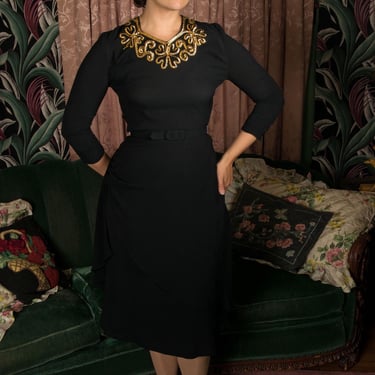 Vintage 1940s Dress - Elegant Black Rayon Crepe 40s Cocktail Dress with Glossy Black Gelatin Sequins and a Faux Wrap Skirt 