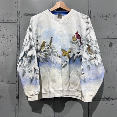 Cottagecore Bird Scene white Collared Sweater All Over Print Women’s large Nature 