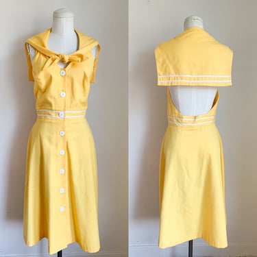 Vintage 1980s Yellow Backless Sailor Dress / M 