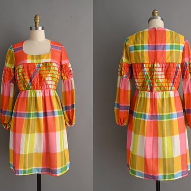 Vintage 1960s Dress | Miss Continental Vibrant Plaid Print Mini Dress | Large 