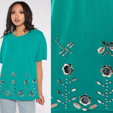 Eyelet Studded T Shirt 90s Turquoise Green Dragonfly Floral Tshirt Cutout Vintage Retro Tee 1990s Silver Stud Shirt Graphic Extra Large xl 