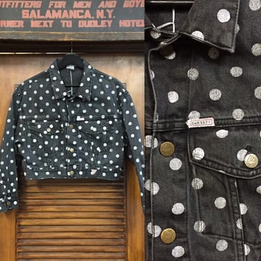 Vintage 1980’s “Guess” Brand Polka Dot Design Cropped Denim Jacket, 80’s Era Style, Black Denim, Cropped, Trucker Jacket, Vintage Clothing 