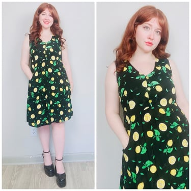 1990s Vintage Dressing Clio Rayon Babydoll Lemon Dress / 90s Novelty Fruit Print Citrus Mini Dress / Medium - Large 