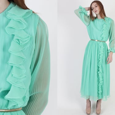 Miss Elliette 70s Mint Chiffon Dress / Vintage 1970s Cascading Ruffle Party Dress / See Through Sleeves 