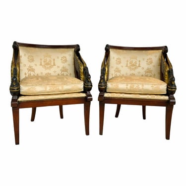 Antique Hollywood Regency Style Carved Swan Lounge Chairs Pair