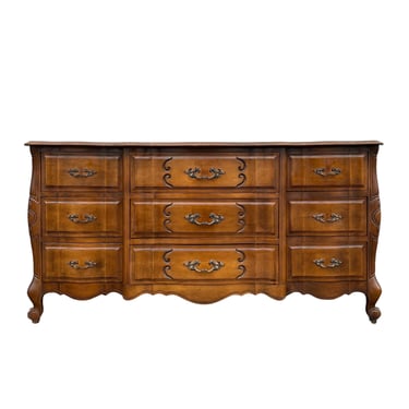 French Provincial Dresser with 9 Drawers by Sherrill Furniture 64" Long - Vintage Carved Cherry Wood Louis XV Country Shabby Chic Credenza 