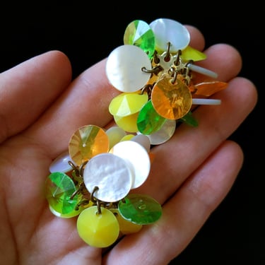 Fabulous & Fun Vintage 60s Yellow Green Orange Pearl Disc Bead Cluster Earrings 