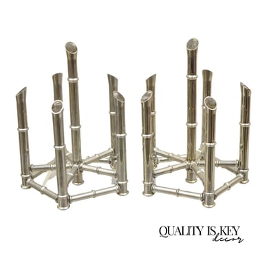 Hollywood Regency Silver Plated Chrome Faux Bamboo Candlestick Stands - a Pair