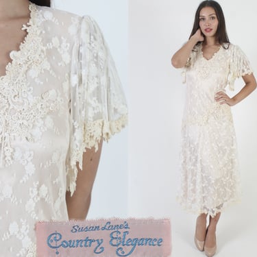 Susan Lanes Country Elegance Dress, Vintage 70s Victorian Style Flowing Gown, Cottagecore Lace Bridal Maxi Size 10 