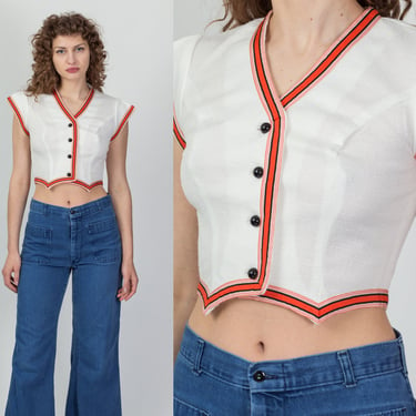 70s Striped Trim Art Deco Crop Top - Small | Vintage Boho Split Sleeve Button Up Cropped Blouse 
