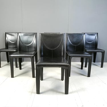 Black leather dining chairs by Arper italy, 1980s - set of 6 - vintage leather dining chairs - - leather dining chairs - italian chairs 