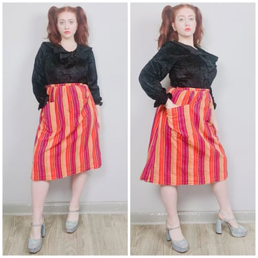 1960s Vintage Red and Purple Striped High Waisted Skirt / 60s / Cotton Serape Oversized Pocket Skirt / Size Large 