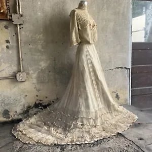 Antique Victorian Ivory Net Lace Dress Silk Ribbon Trim Ruffles  Train Vintage