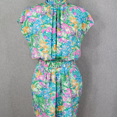 1980s 80s - Floral Shirtdress - Mockneck - Business Casual - Turquoise, Pink, Green 