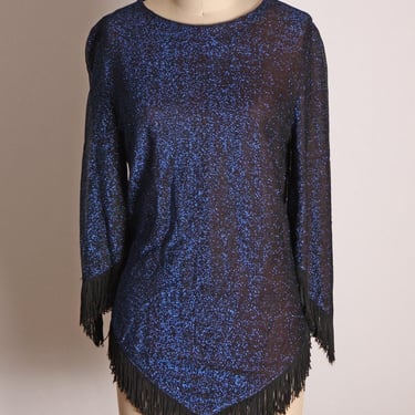 1960s Blue and Black Metallic Lurex Woven 3/4 Length Sleeve Fringe Shirt Blouse -S 