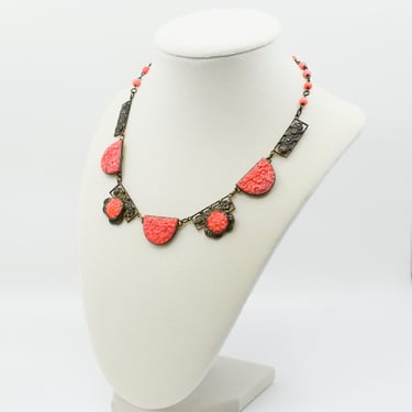 Antique Czech Pressed Coral Glass and Brass Necklace 