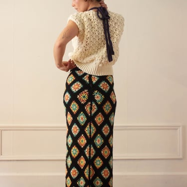 1970s Crocheted Granny Square Maxi Skirt 