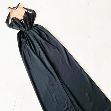 1970s Black Satin Low Back Halter Illusion Gown 