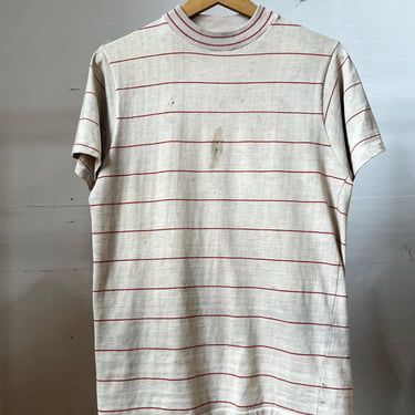 Small, Vintage 1970s 1960s Striped Mock Neck T-shirt, Red and White, Thrashed 