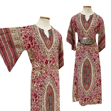 Vtg 70s 1970s Symmetrical Indian Block Print Angel Sleeve Boho Tunic Maxi Dress. 