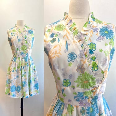 Vintage 60s MOD Dress / Pastel FLORAL Rayon Crepe / RUFFLES + Wrap Waist Side Dome Buttons + Full Skirt 