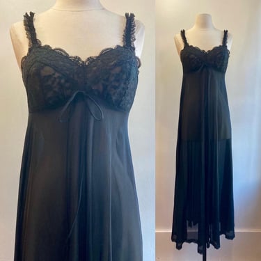 Vintage 70s Nightgown / OLGA / Black / Lace Trim Straps / Nude illusion Lace Bra Top + Empire Waist / Classy Night Gown 