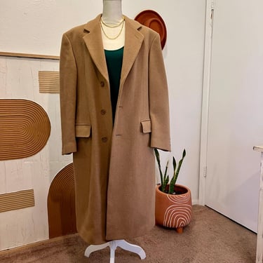 Vintage 90s Filene's Camel Tan Wool Three Button Long Blazer Coat with Pockets 