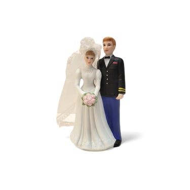 1995 Vintage Lefton Bride & Marine Groom, Wedding Cake Topper, Handpainted Ceramic Collectible Figurine, Bridal Shower Gift Husband and Wife 