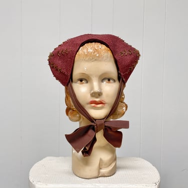 Vintage 1940s Junior's Brown Woven Calot Hat, Girl's Cocoa Headband Hat with Beading Sequins and Tie Bow 