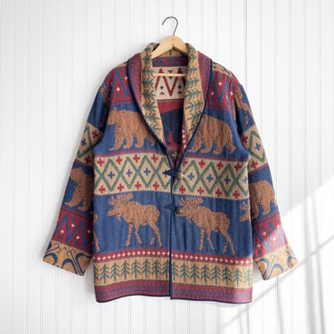 tapestry jacket 90s vintage bear moose southwestern woven blanket coat 