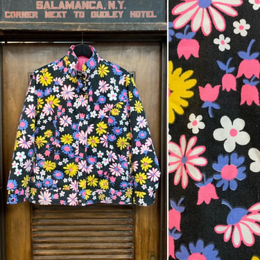 Vintage 1960’s “Swing West” Black x Pink Hippie Floral Outerwear Ski Jacket, 60’s Mod Style, Vintage Coat, Vintage Clothing 