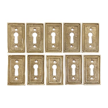 Set of 10 Art Deco Square Edged Brass Textured Escutcheons