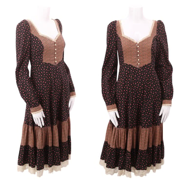 70s GUNNE SAX dress prairie midi S, vintage 1970s cottage calico dress, black floral print gown 