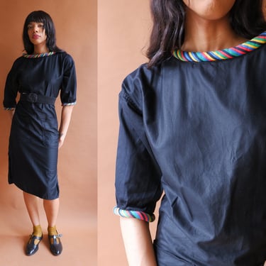 Vintage 80s Geoffrey Beene Rainbow Trim Dress/ 1980s 3D Piping Black Polished Cotton Dress/ Size XS Small 