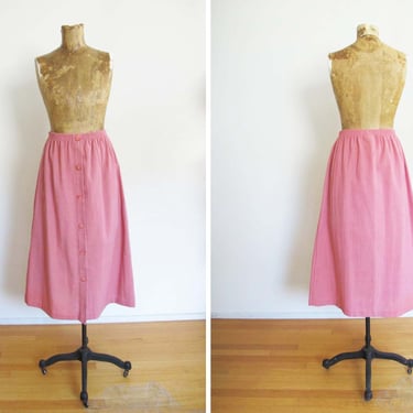 80s Pink Midi Skirt S M - Vintage 1980s Button Front Skirt - A Line High Waist Peasant Skirt - Elastic Waist - 80s Clothing - Solid Color 