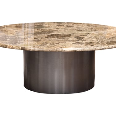 Contemporary Modern Round Marble Coffee Table With A Metal Cylinder Base 