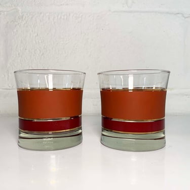 Vintage Rocks Glasses Set of 2 Pair Gold Gilded Cocktail Libbey Brandywine Old Fashioned Striped Brown Pattern 1970s 70s 