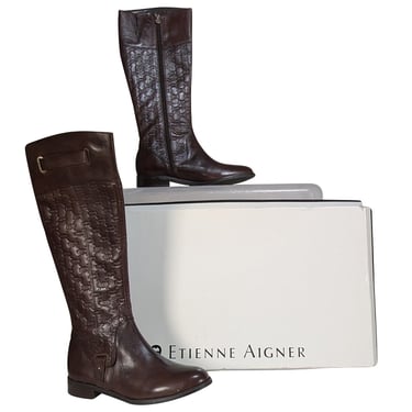 Etienne Aigner - Brown Leather Monogram Embossed Tall Boots Sz 7.5