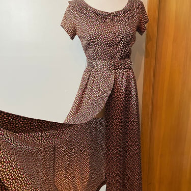 50’s long Jonathan Logan dress~ beautiful micro floral print~cinched waist swing style pink green brown 27” waist 