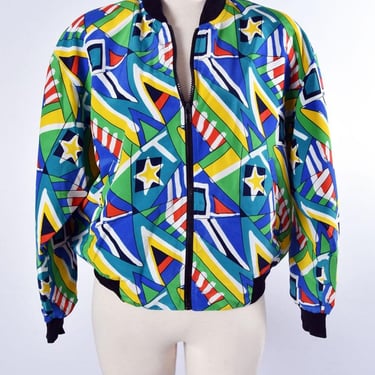 80's Bright Flag Print Bomber Jacket, Vintage 1980's Sailing Nautical Pucci style Baseball Jacket Colorful 