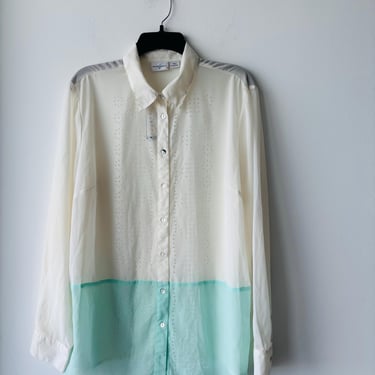 VTG Jaclyn Smith Button Up Blouse Sheer Chiffon Ivory Blue Women XL Boho Art to Wear 