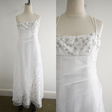 1990s White Satin and Organza Evening Gown 