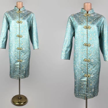 VINTAGE 60s Aqua Blue Metallic Brocade Cheongsam Mandarin Dress By Kanebo | 1960s Mod Button Front Dress Jacket vfg 
