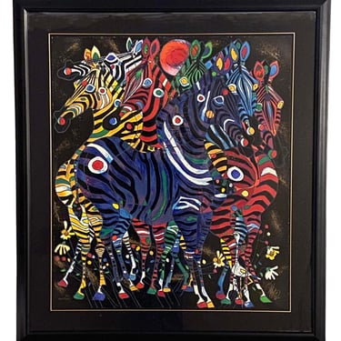 "Harmony" Colourful Zebras Lithograph by Chinese Artist Jiang Tie-Feng #35/75