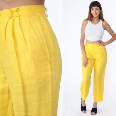 Yellow Pleated Trousers 90s Flax Rayon High Waisted Pants Retro Tapered Leg Slacks Ankle Preppy High Waisted Rise Vintage 1990s Small 4 