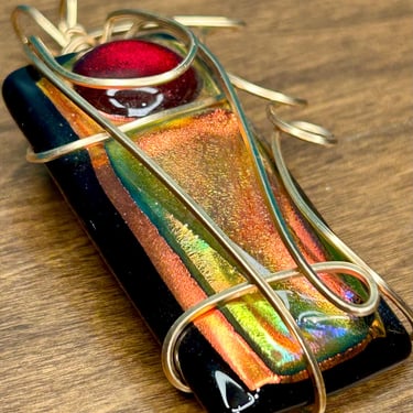 Wire Wrapped Pendant Dichroic Glass Red Orange Iridescent Handmade Jewelry 