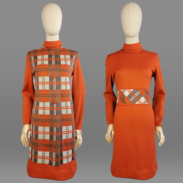 1960s Dress Set / Italian Knit / Burnt Orange Plaid Dress Set /Dress and Long Vest / 1960s  Orange Dress / 1960s Plaid Dress / Size Large 