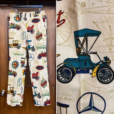 Vintage 1960’s w34 Antique Car Pop Art Mod Ivy League Pants, 60’s Vintage Clothing 